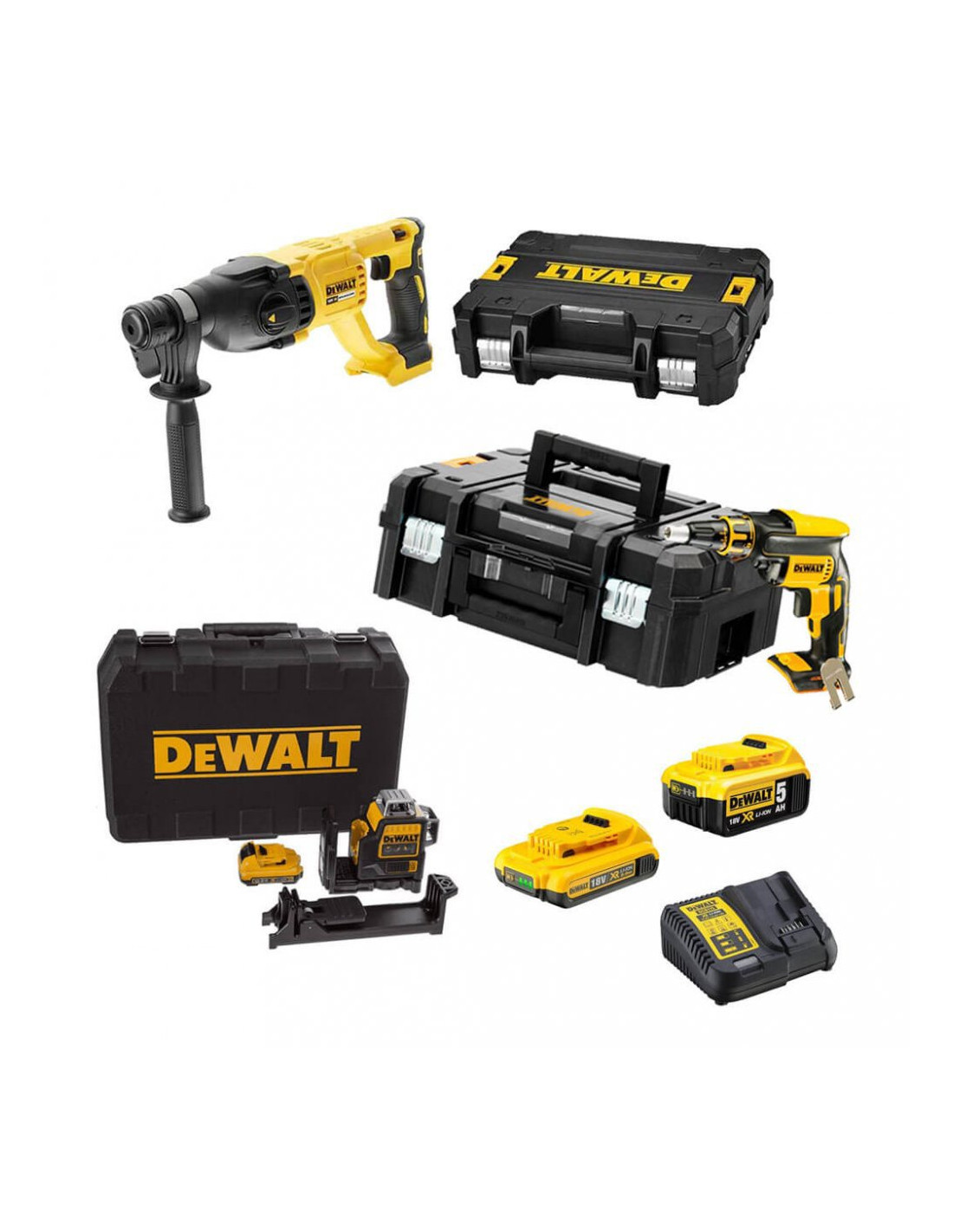 Mega Combo Panel Yeso: Atornillador DCF620+ Martillo DCH133+ Nivel DCE089D1G + 2 Baterías 18V Dewalt